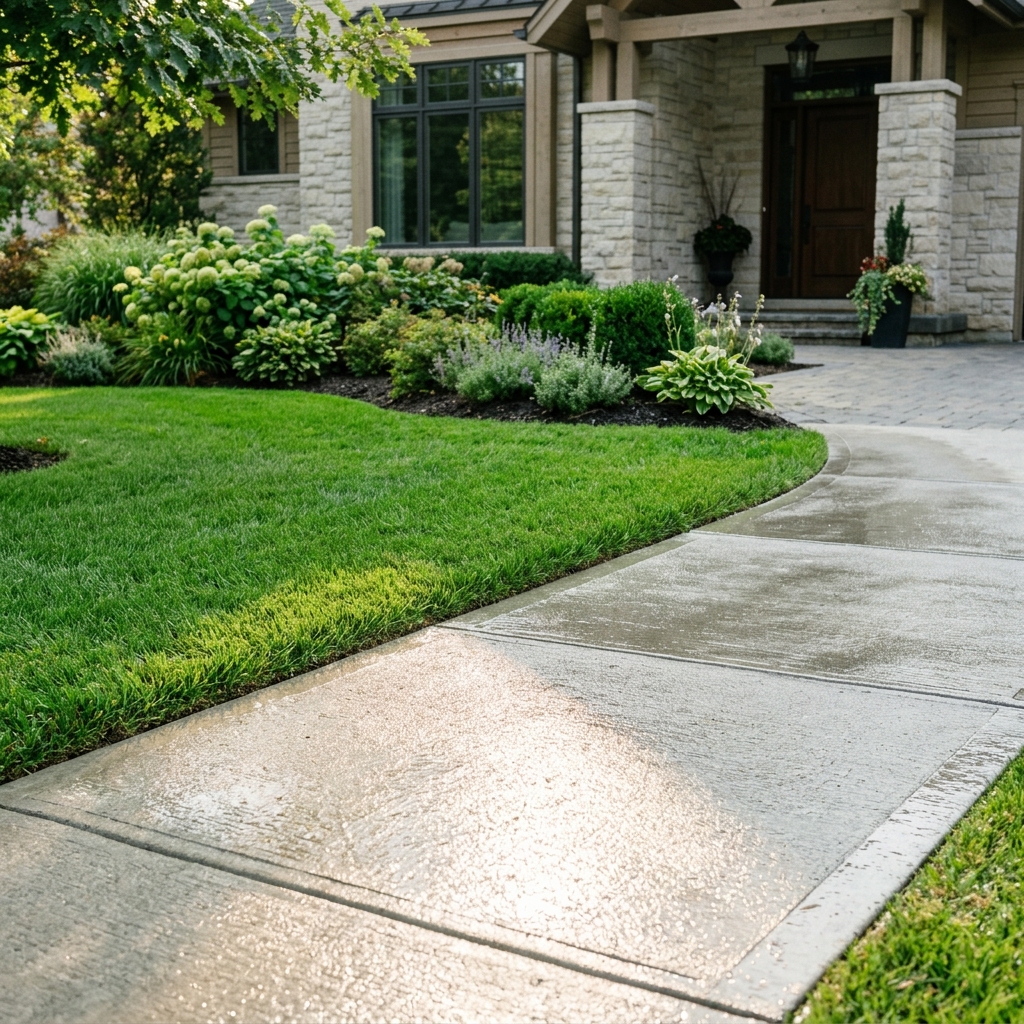 Freshly washed concrete sidewalk